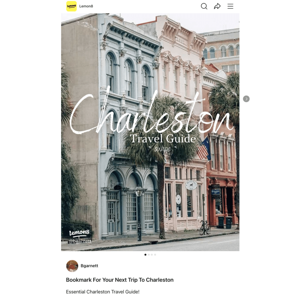 A screenshot of a Charleston travel guide on Lemon8