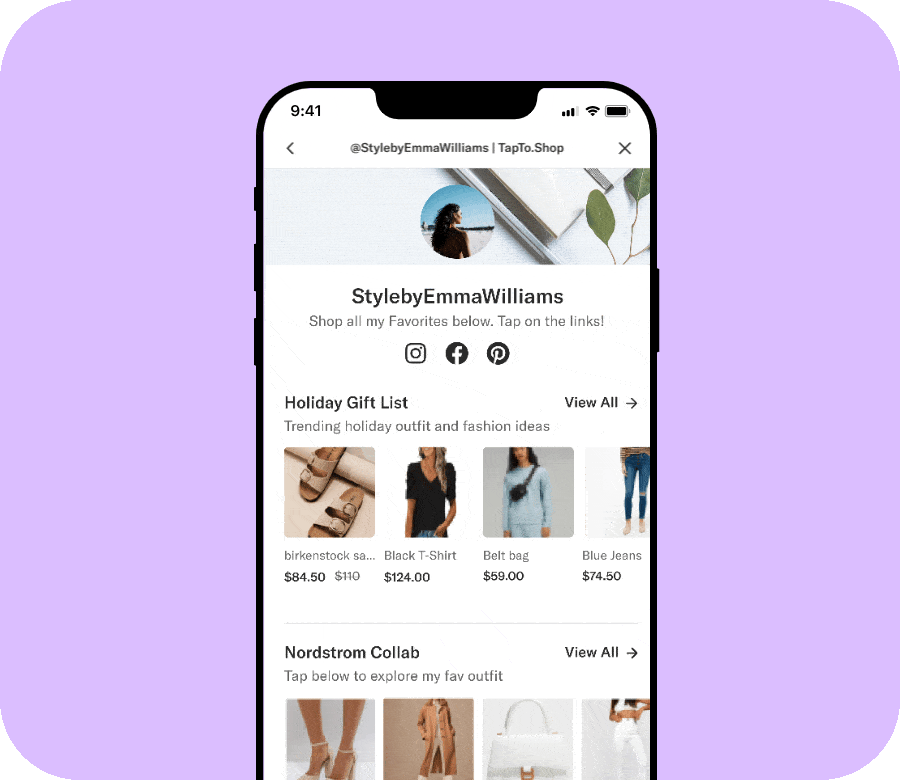 Video scrolling through a Creator’s TapTo.Shop, a dedicated space of featured content, that followers can explore and shop.